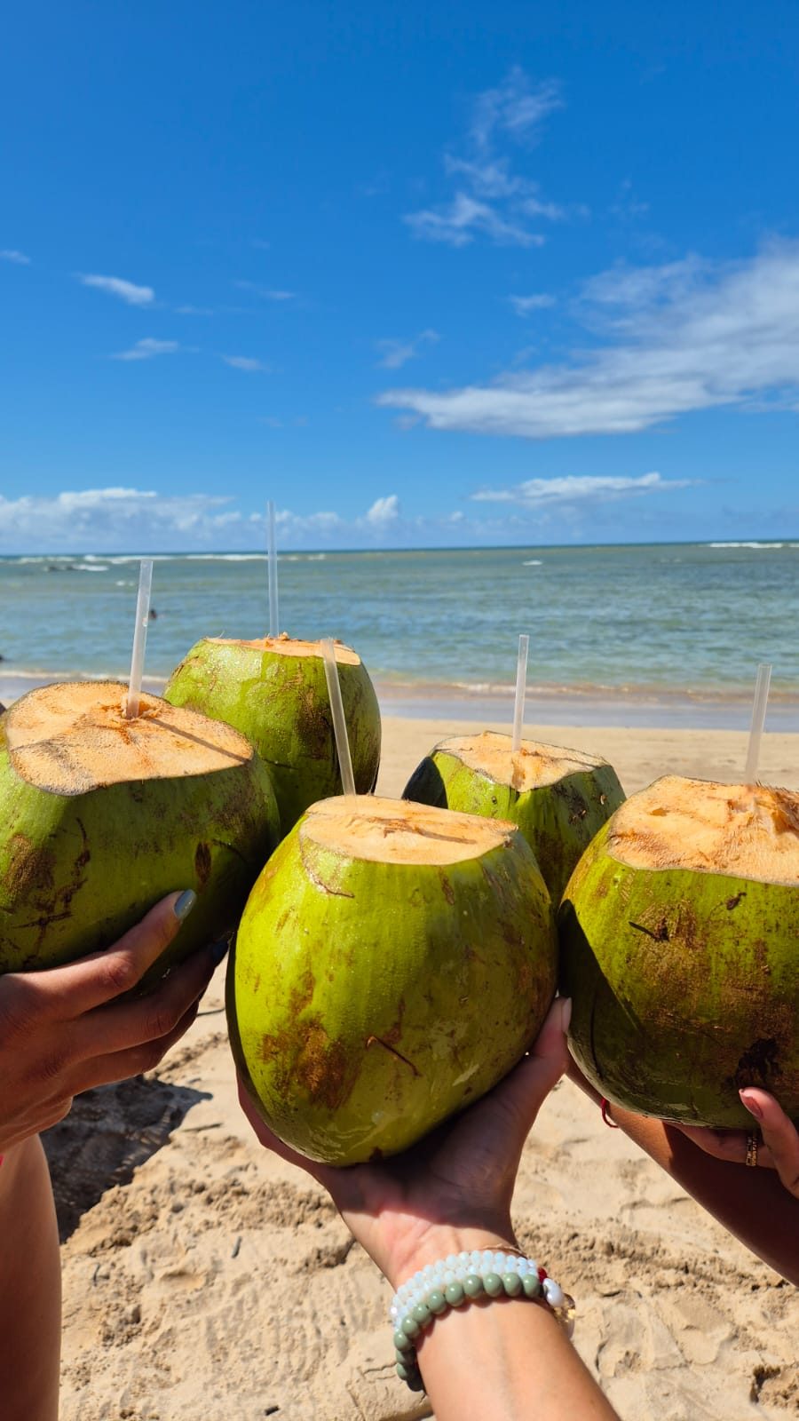 Praia de areia branca com coqueiros e mar turquesa