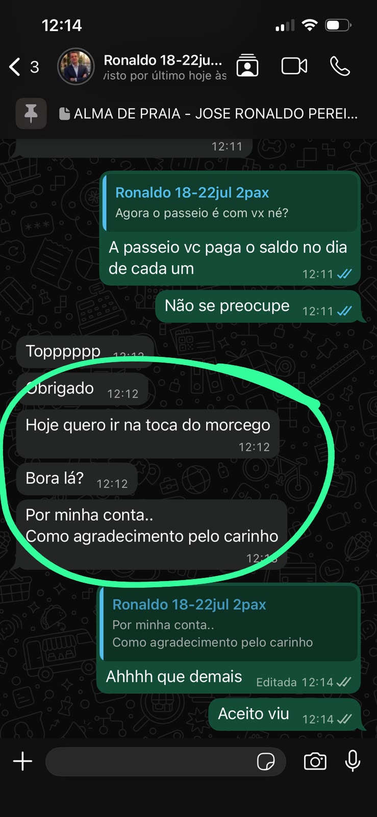 Roteiro montado no WhatsApp, dia por dia